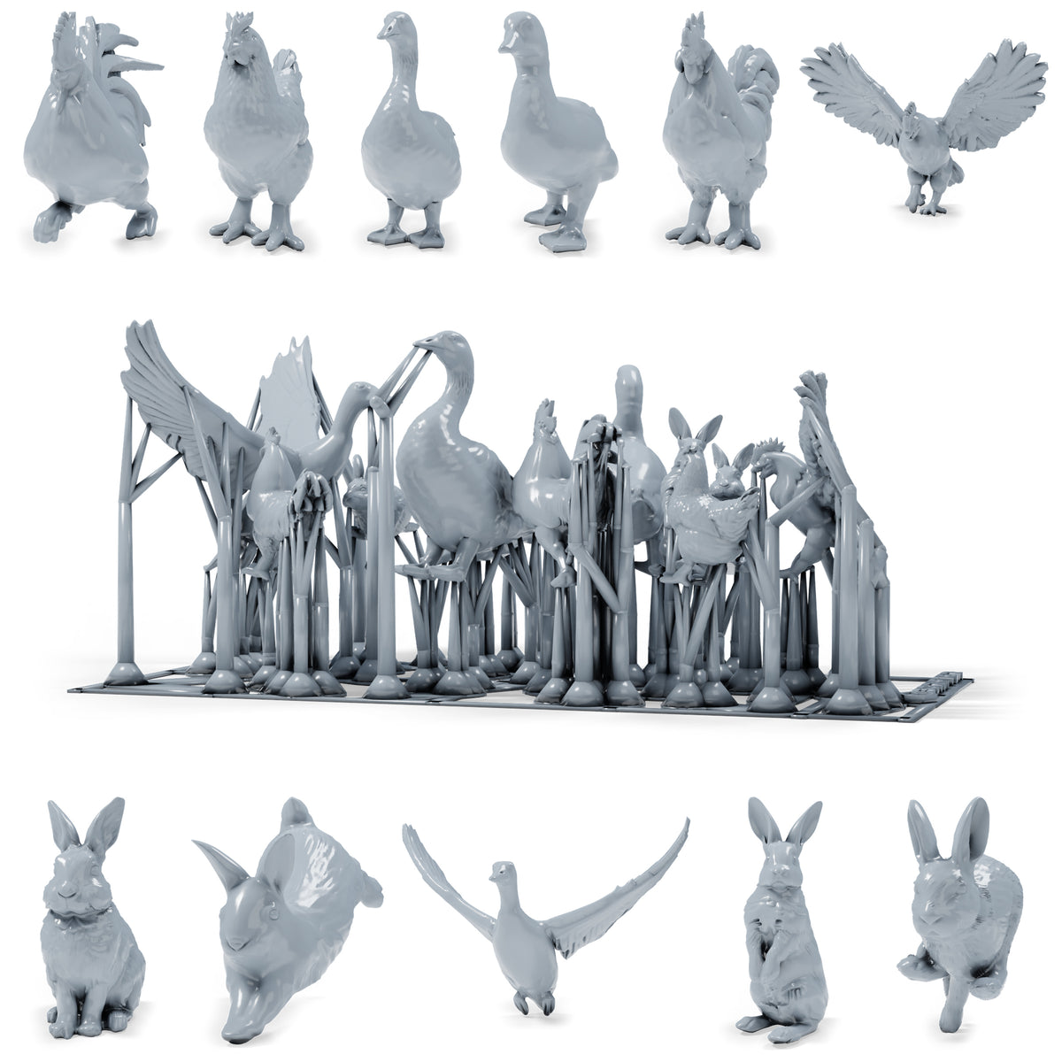 Foto de producto de modelismo de dioramas 0: miniaturas de animales de granja para diorama: gallinas, patos, ganso y conejo (h0_51)