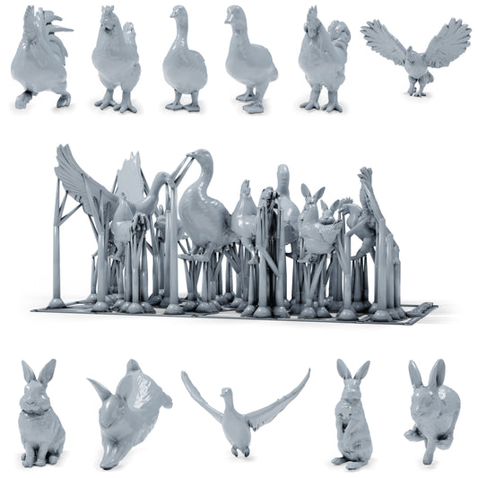 Foto de producto de modelismo de dioramas 0: miniaturas de animales de granja para diorama: gallinas, patos, ganso y conejo (h0_51)