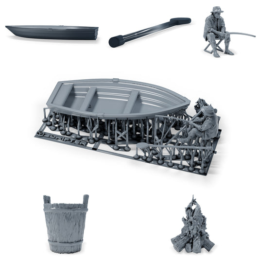 Foto de producto 0 de modelismo de dioramas: set de pescador para diorama: pescador con bote de remos, remos, cubo y fogata (h0_41)
