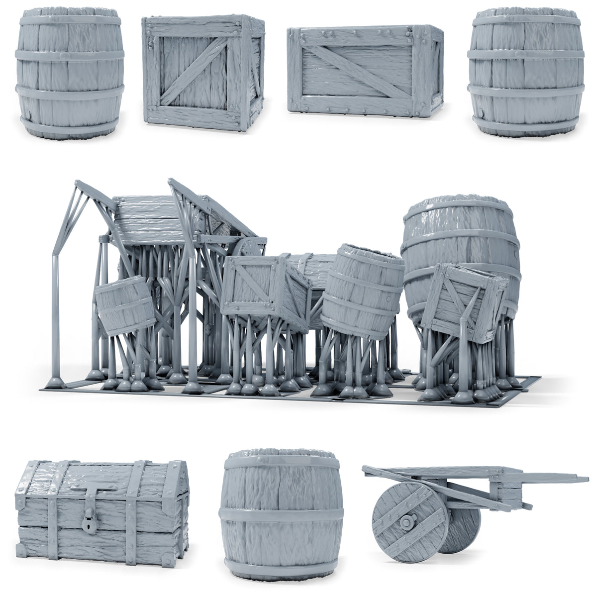 Foto de producto de modelismo de dioramas 0: accesorios para dioramas: barriles, cajas, cofre y carretilla de mano (h0_50)