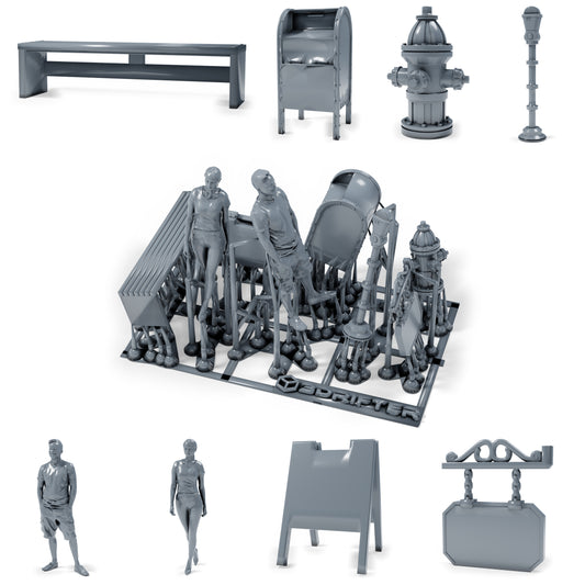 Foto de producto 0 de modelismo de dioramas: Figuras urbanas para diorama: escena callejera con transeúntes, banco y accesorios urbanos (h0_44)