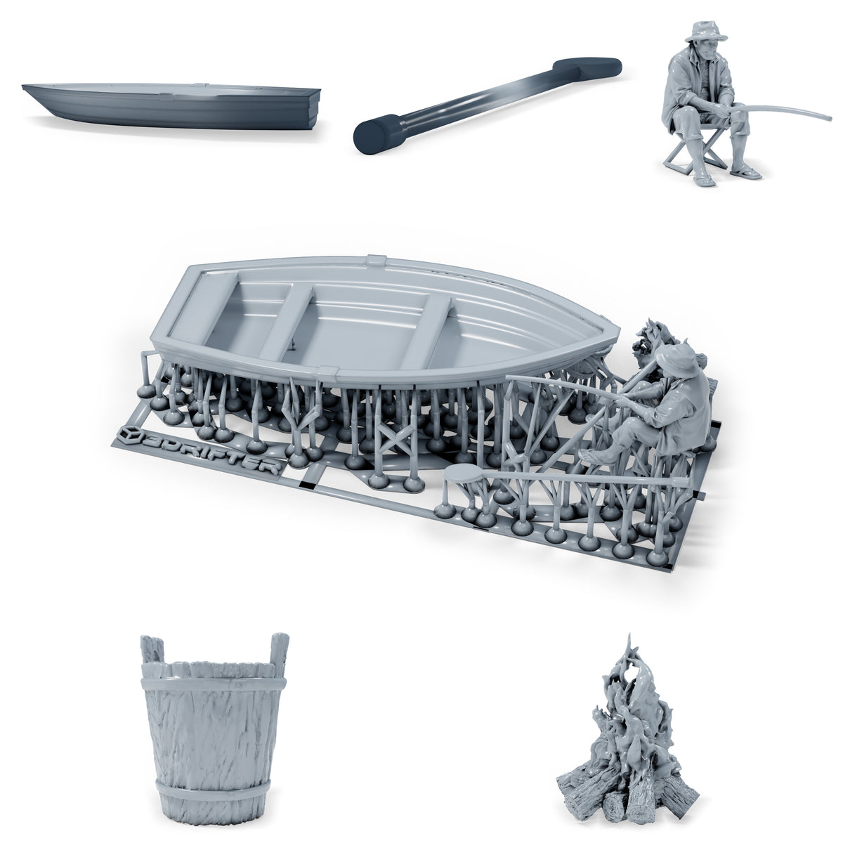 Diorama Modellbau Produktfoto 0: Diorama Angler Set: Angler mit Ruderboot, Ruder, Eimer und Lagerfeuer (h0_41)