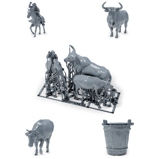 Foto de producto de modelismo para diorama 0: Figuras del Oeste para diorama: vaquero a caballo con toro y vaca (h0_36)