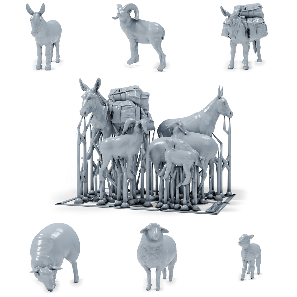 Foto de producto de modelismo de dioramas 0: Miniaturas de animales de granja para diorama: burro, ovejas, carnero y cordero (h0_55)