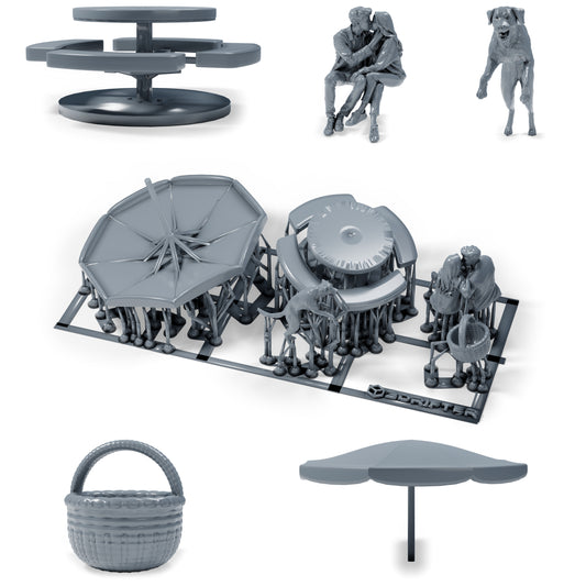 Foto de producto 0 de modelismo de dioramas: picnic en miniatura con pareja sentada, mesa de picnic, sombrilla y perro (h0_39)