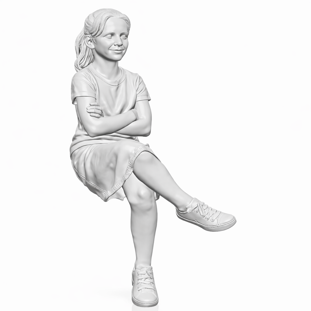 Diorama Modellbau Produktfoto 0: Sitzende Figur: Mädchen mit verschränkten Armen, T‑Shirt, Rock & Sneakers (B016)