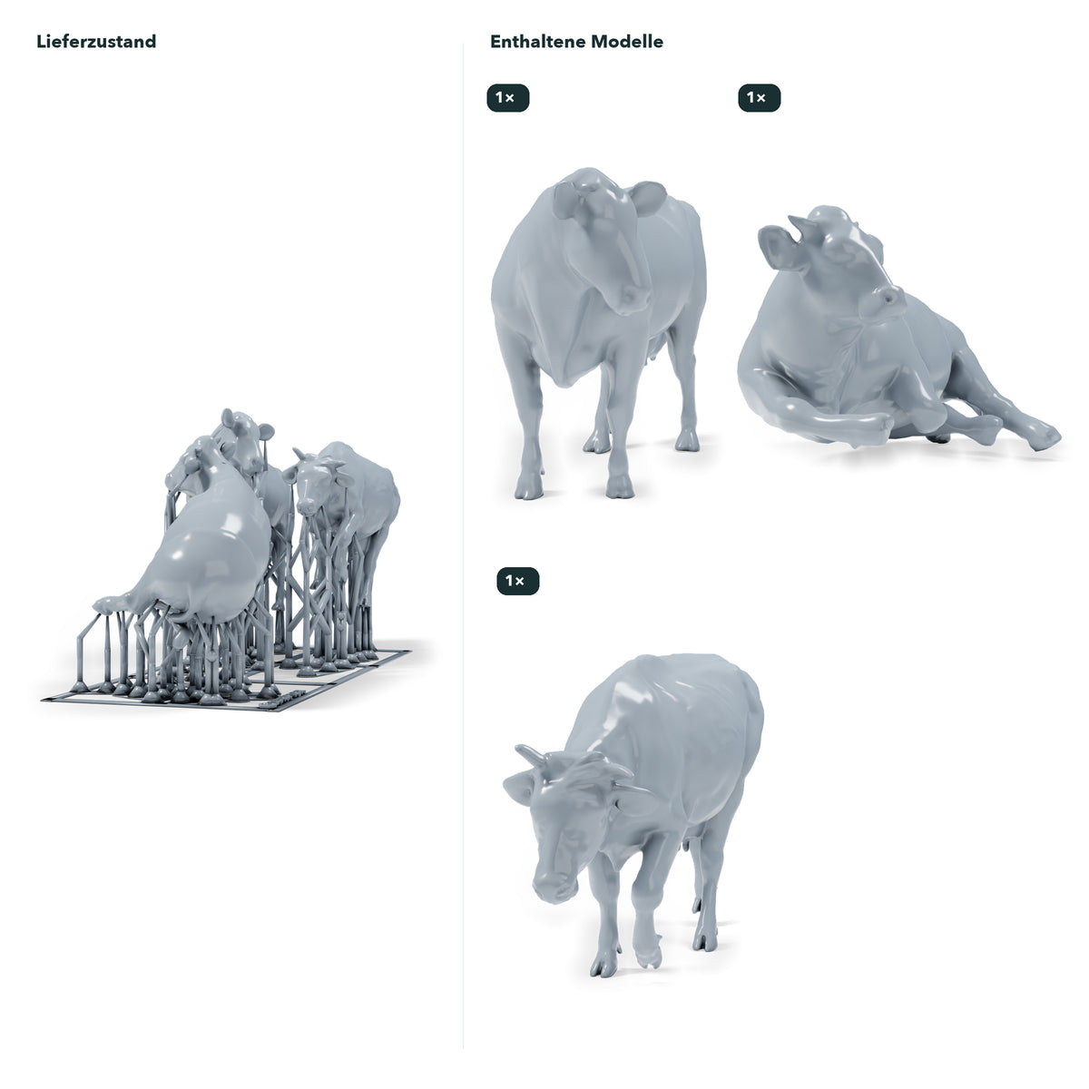 Foto de producto de modelismo de dioramas 1: miniatura para diorama de ganado: tres vacas en poses de pie, caminando y tumbada (h0_53)