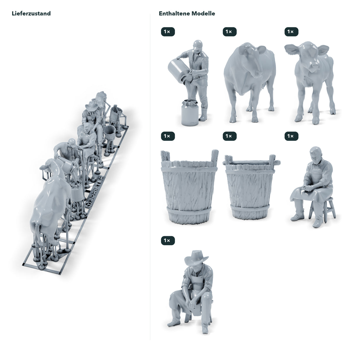 Diorama Modellbau Produktfoto 1: Diorama Bauernhof Set: Melkszene mit Bauern, Kuh, Kalb und Eimern (h0_33)