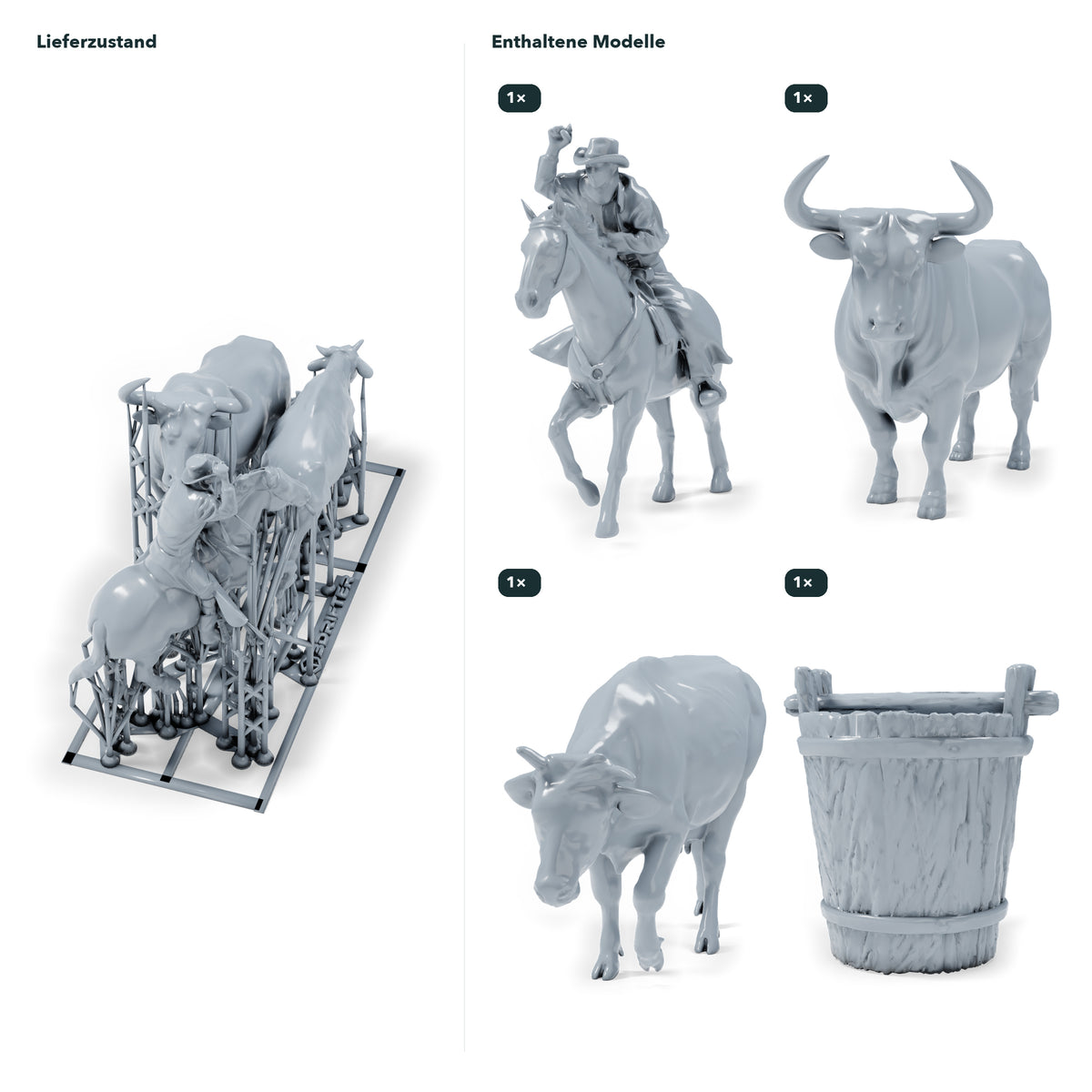 Diorama Modellbau Produktfoto 1: Diorama Western Figuren: Cowboy zu Pferd mit Bulle und Kuh (h0_36)