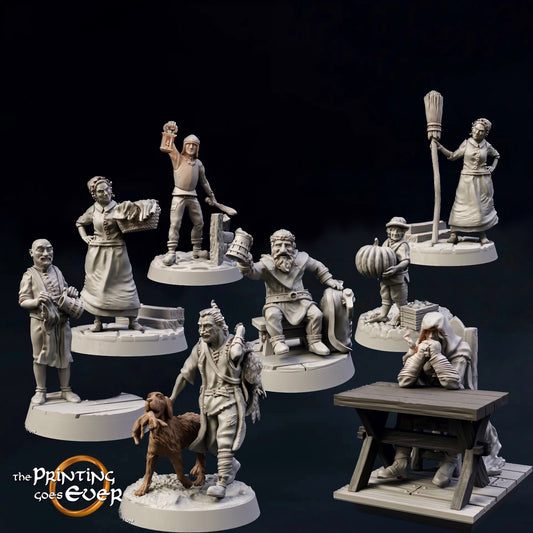 Produktfoto Tabletop 28mm The Printing Goes Ever On (TPGEO)  0: Mittelalterliche Stadtbewohner und Tavernengäste: Wirt, Wächter, Jäger, Bauer, Hausmädchen, Gast, Reisender