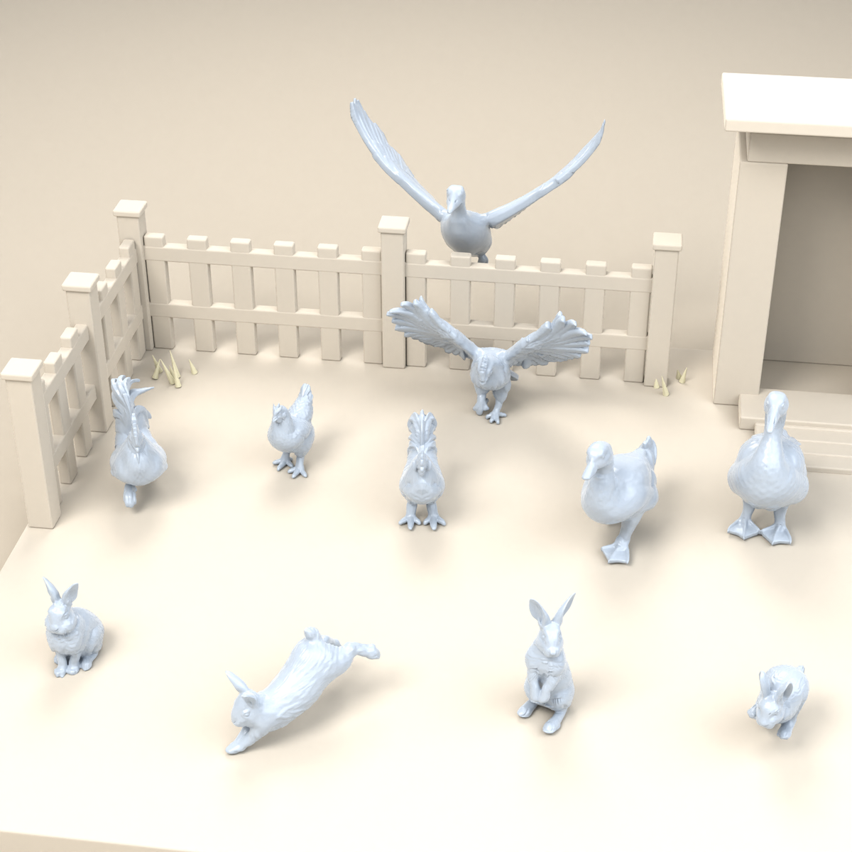 Foto de producto de modelismo de dioramas 2: miniaturas de animales de granja para dioramas: gallinas, patos, ganso y conejos (h0_51)