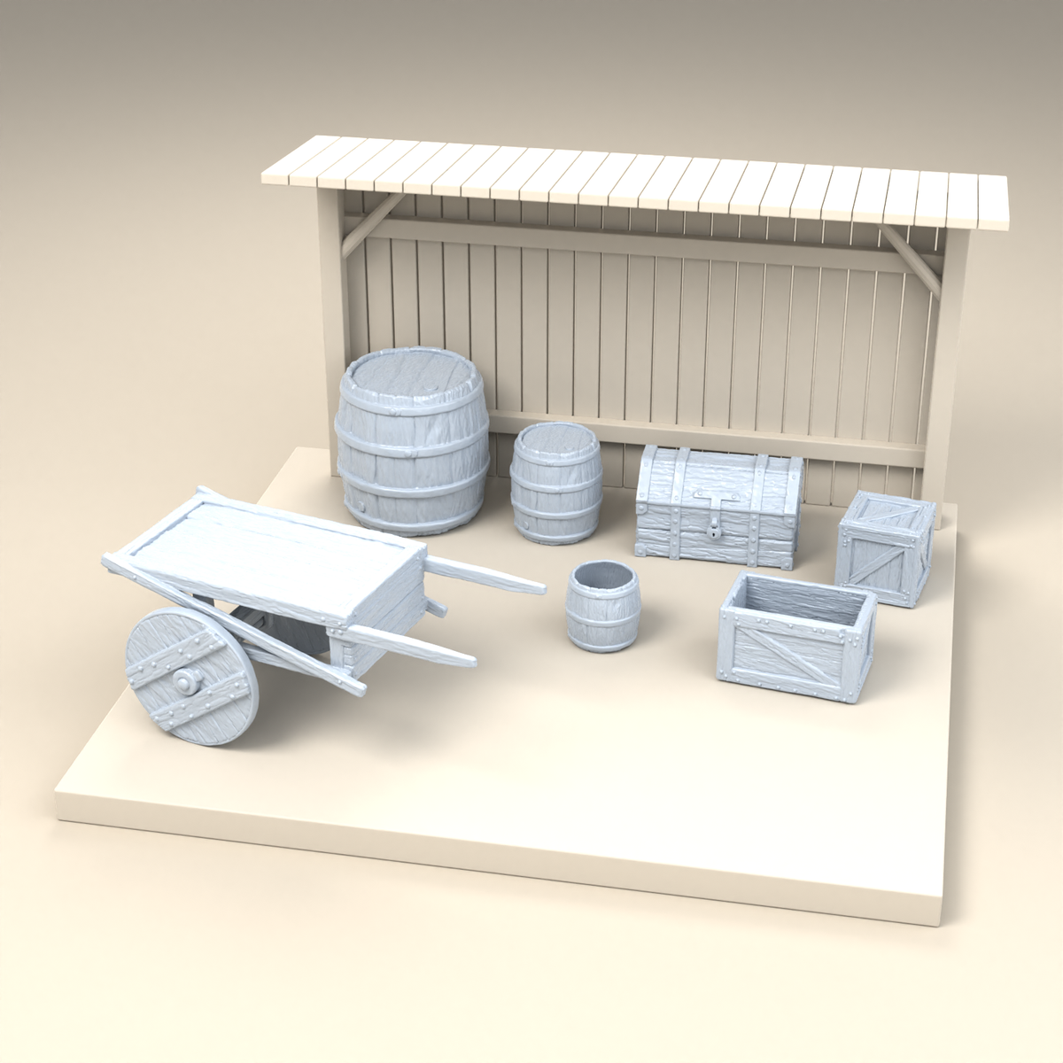 Foto 2 del producto de modelismo de dioramas: miniatura de campamento para diorama: barriles, cajas, cofre y carretilla de mano (h0_50)