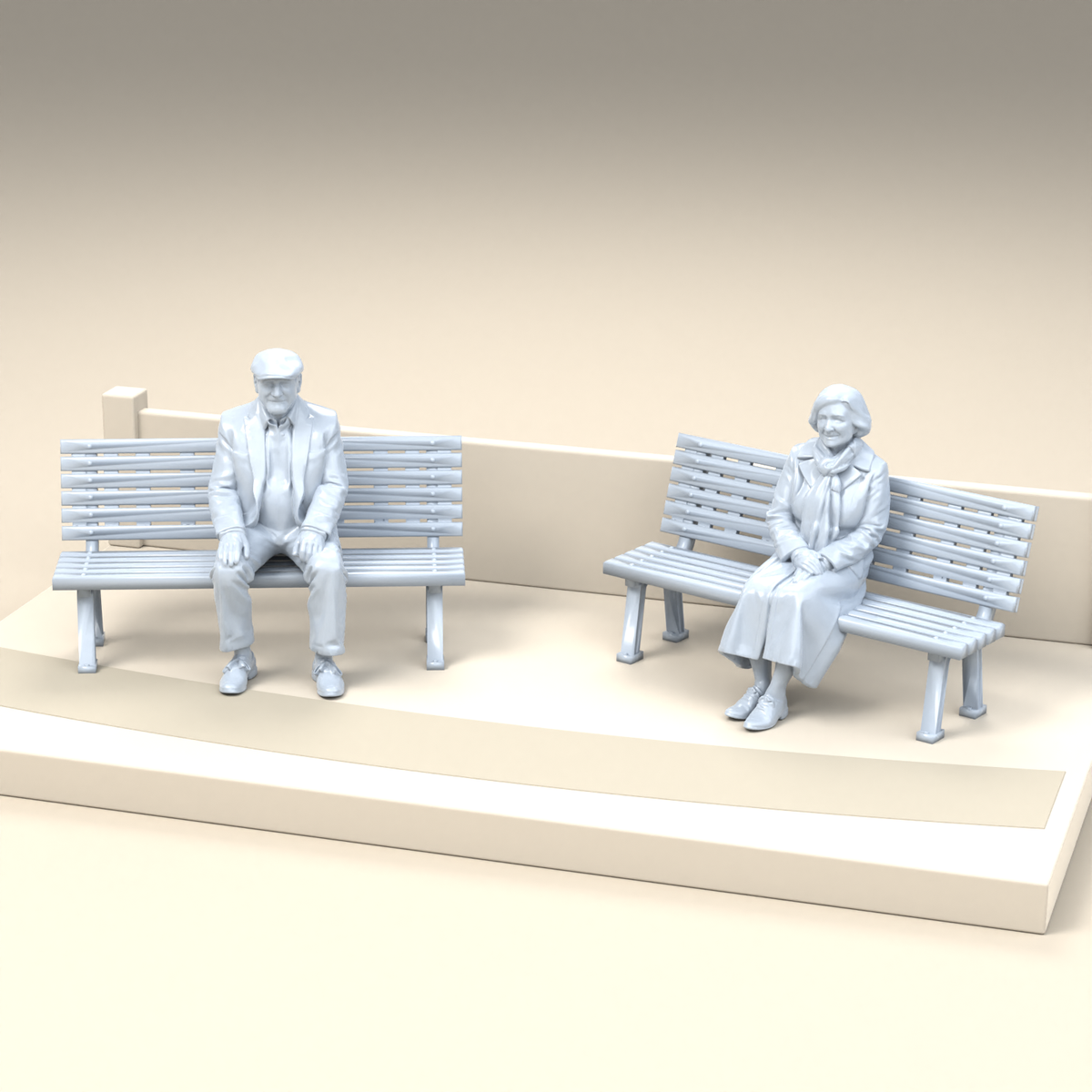 Diorama Modellbau Produktfoto 2: Diorama Figuren Set: Älteres Paar mit zwei Parkbänken (h0_38)