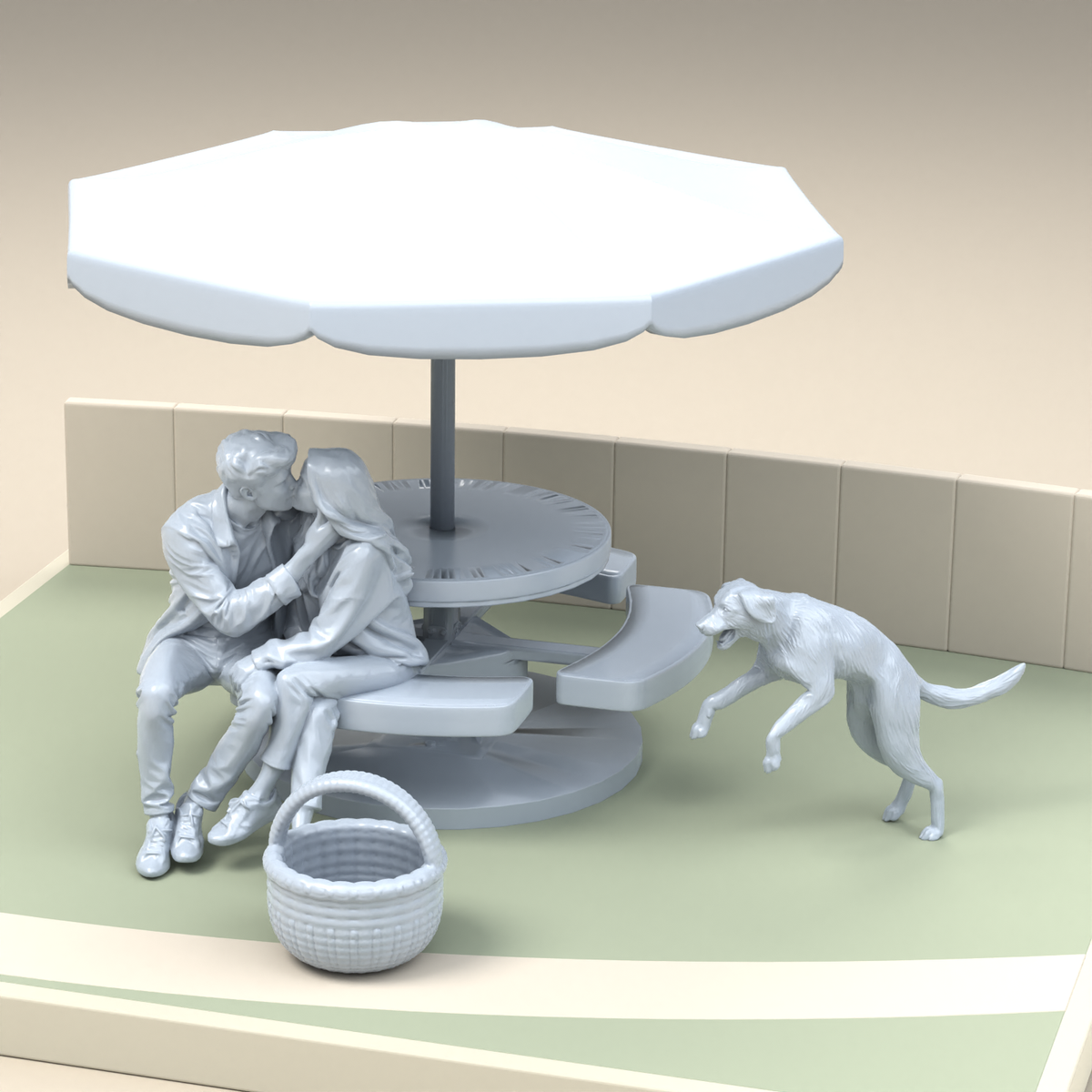 Diorama Modellbau Produktfoto 2: Diorama Miniatur Picknick: Sitzendes Paar mit Picknicktisch, Schirm und Hund (h0_39)