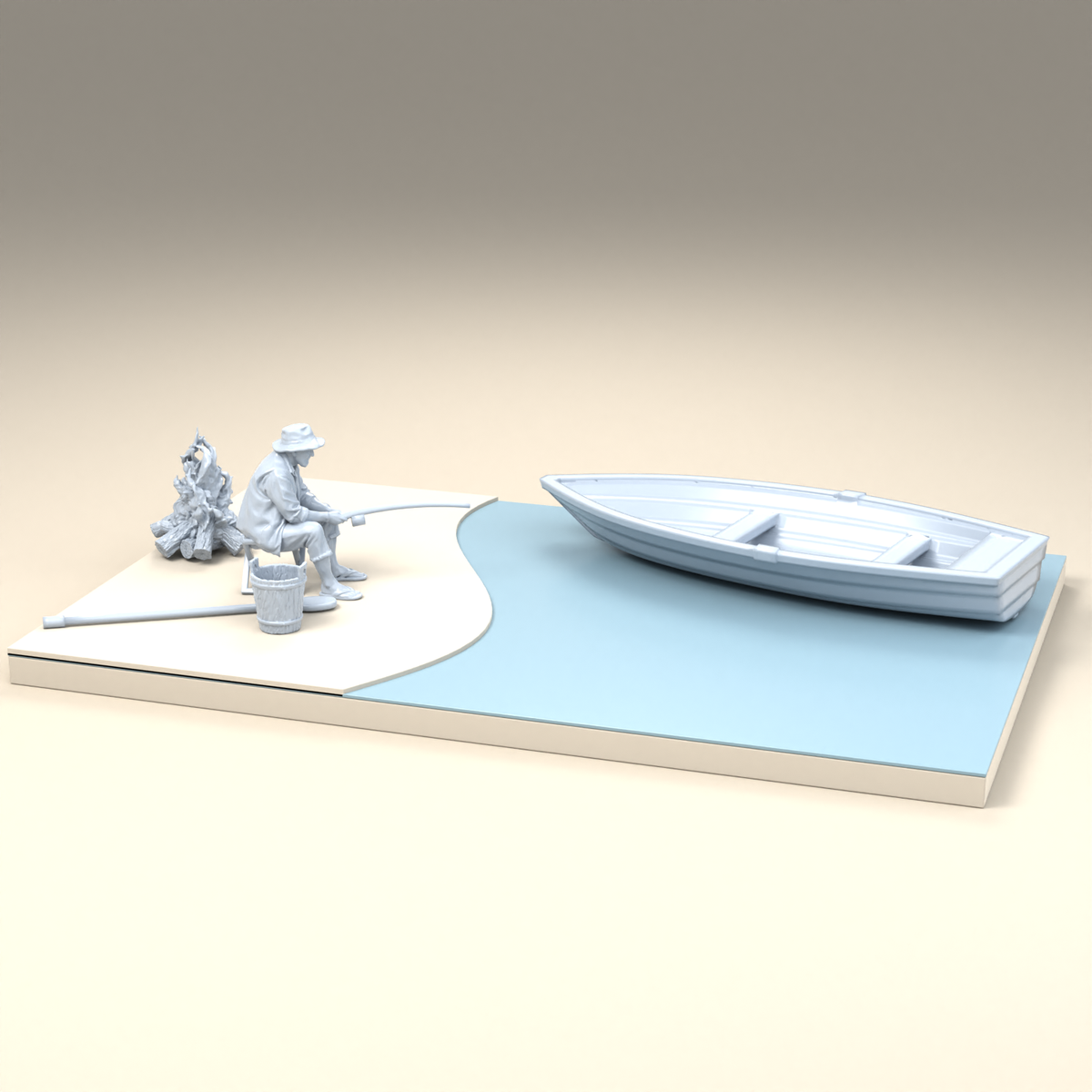 Diorama Modellbau Produktfoto 2: Diorama Angler Set: Angler mit Ruderboot, Ruder, Eimer und Lagerfeuer (h0_41)