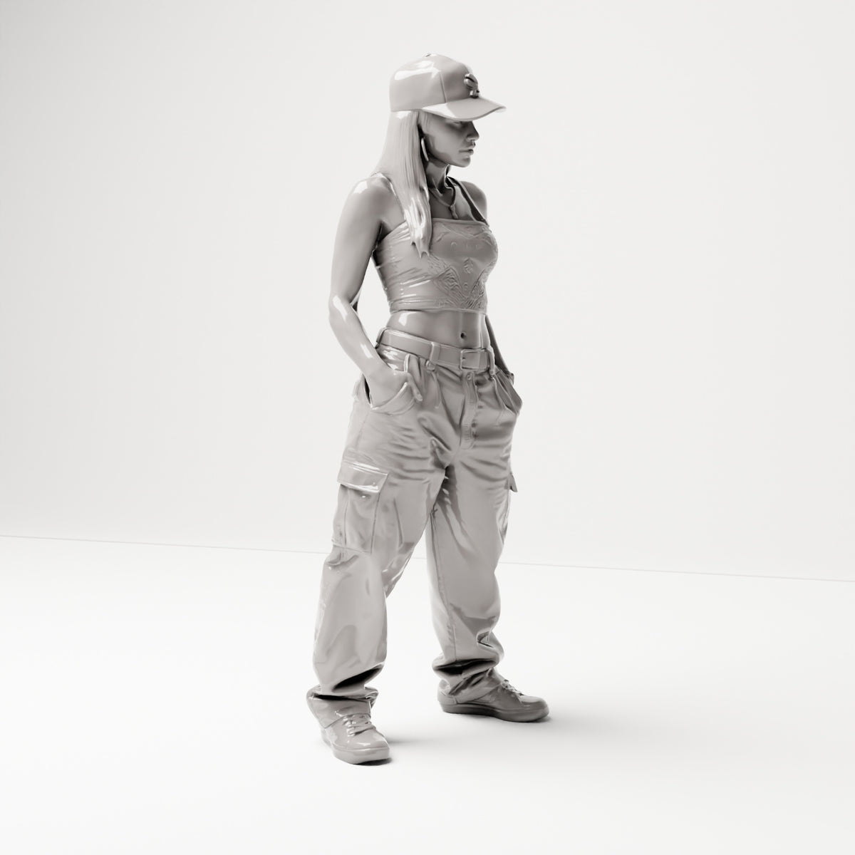 Stehende Figur: Frau im Hip-Hop-Style mit Basecap, bauchfreiem Top & Cargo-Hose (B031) - rechte Seitenansicht