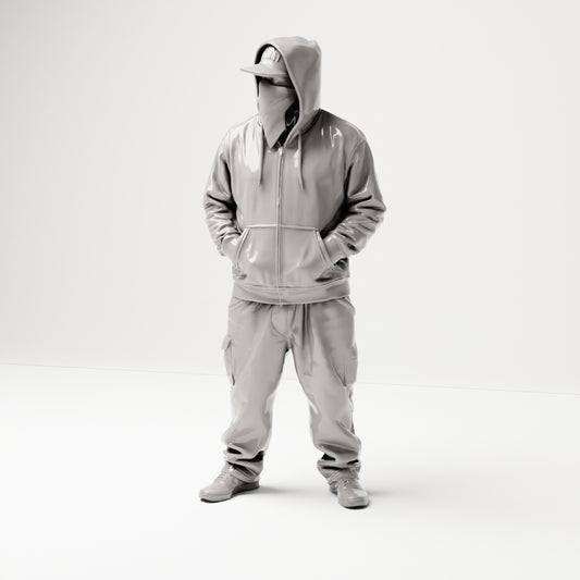 Stehende Figur: Person im Hip-Hop-Style mit Kapuzenjacke, Basecap & Gesichtstuch, Hände in den Taschen (B034) - Vorderansicht