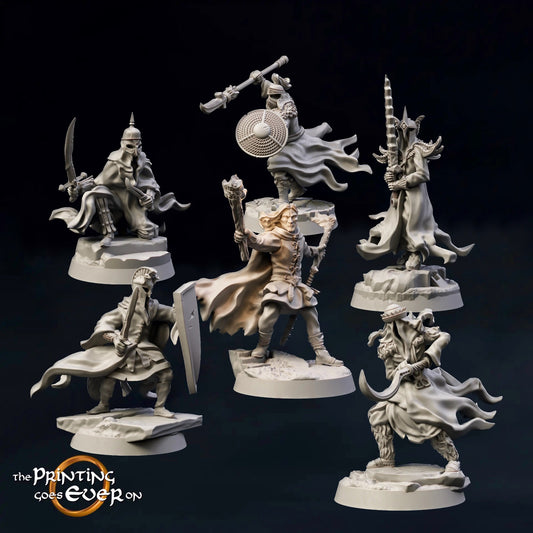 Produktfoto Tabletop 28mm The Printing Goes Ever On (TPGEO)  0: Dunkle Krieger im Kampf mit tapferen Krieger: Schwarze Gestalten überfallen Helden