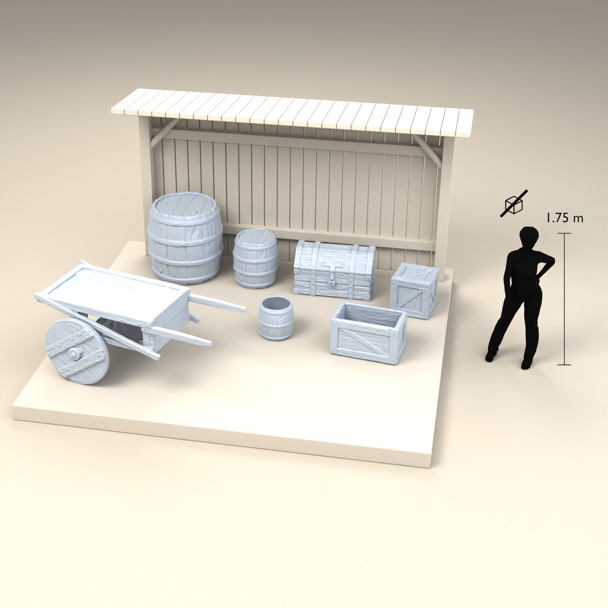 Foto del producto de modelismo de dioramas 3: miniatura de campamento para diorama: barriles, cajas, cofre y carretilla de mano (h0_50)