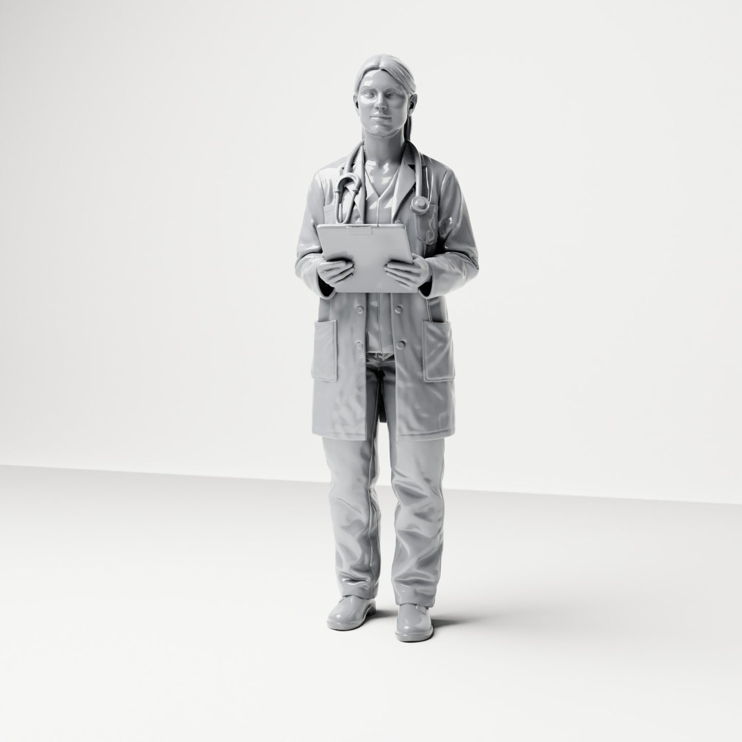 Foto de producto de maqueta para diorama 0: Figura de pie: médica con portapapeles y estetoscopio (B044)