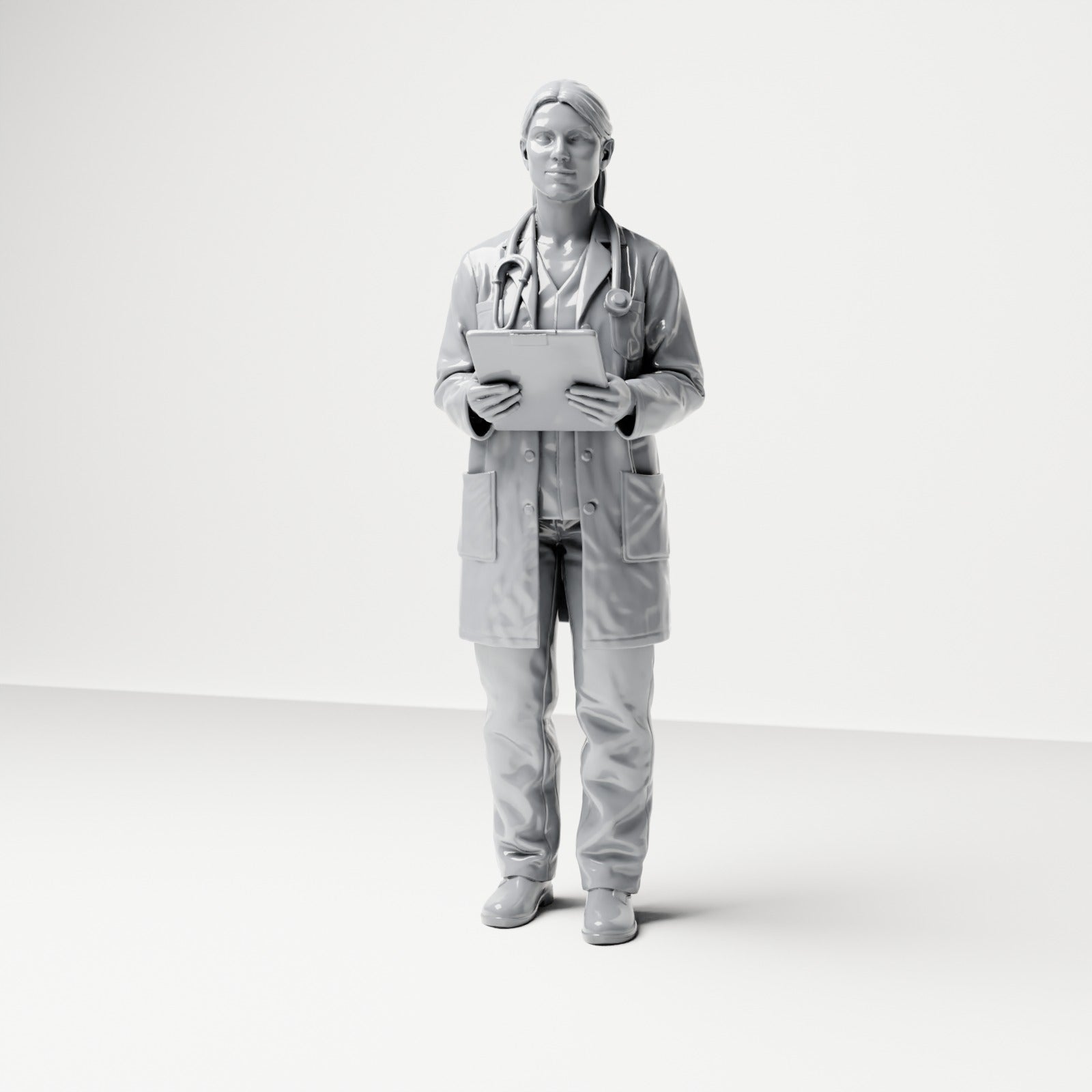 Foto de producto de maqueta para diorama 0: Figura de pie: médica con portapapeles y estetoscopio (B044)