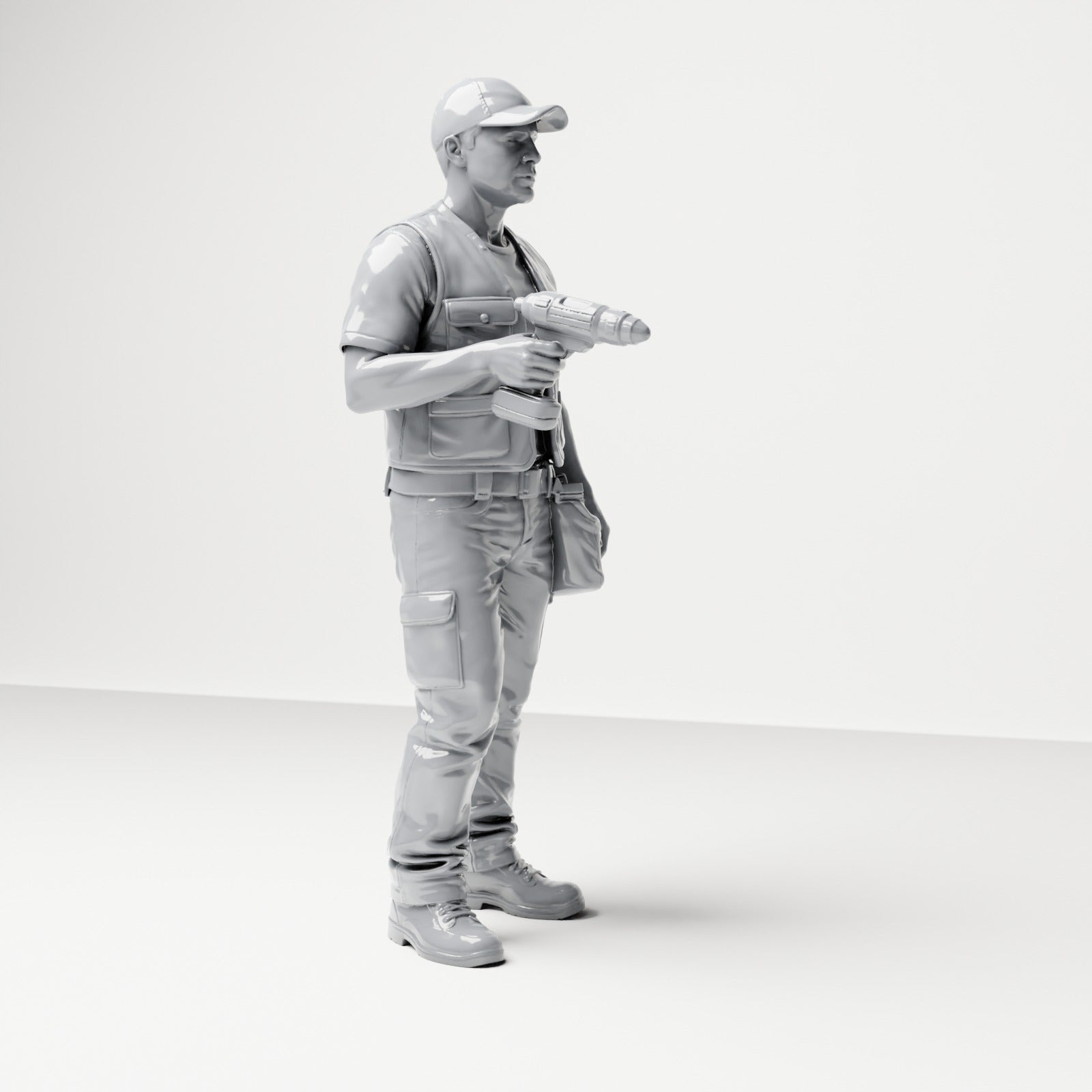 Foto de producto de maqueta para diorama 3: Figura de pie: artesano con bolsa de herramientas y atornillador inalámbrico (B046)