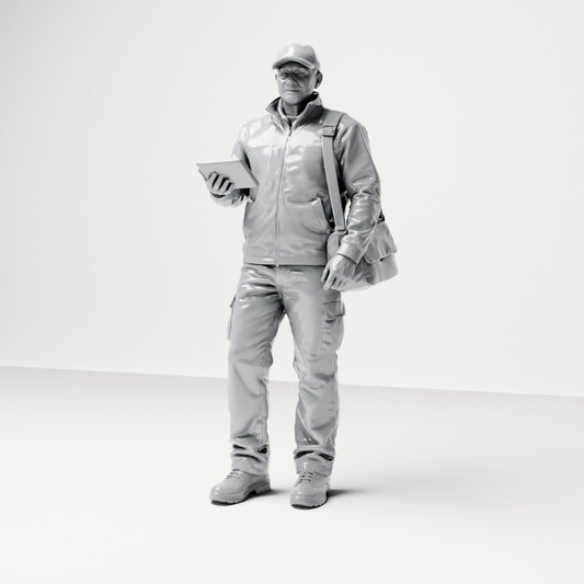Foto de producto de maqueta para diorama 0: Figura de pie: repartidor con gorra, bandolera y dispositivo portátil (B048)