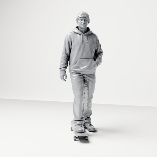 Foto de producto de maqueta para diorama 0: figura de pie: skater con gorra, sudadera con capucha y monopatín (B054)