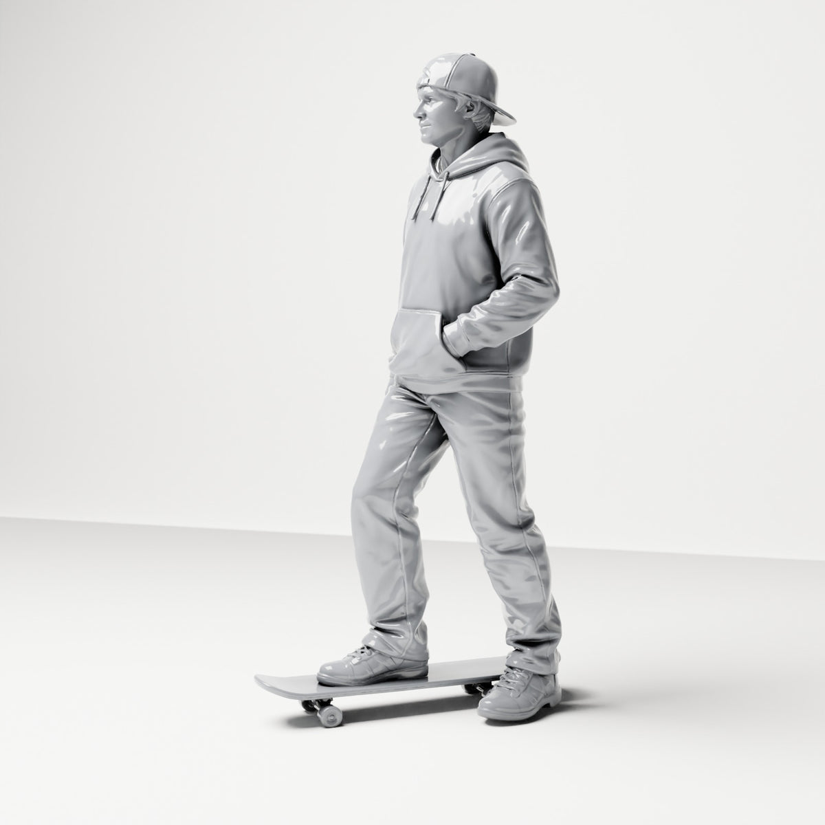 Foto de producto de maqueta para diorama 1: Figura de pie: skater con gorra, sudadera con capucha y monopatín (B054)