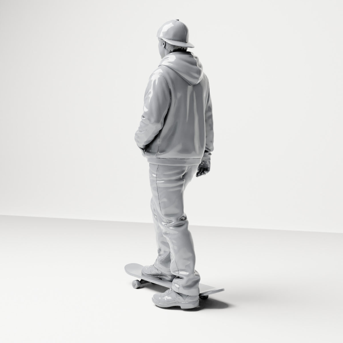 Foto de producto de maqueta de diorama 2: Figura de pie: Skater con gorra, sudadera con capucha y monopatín (B054)