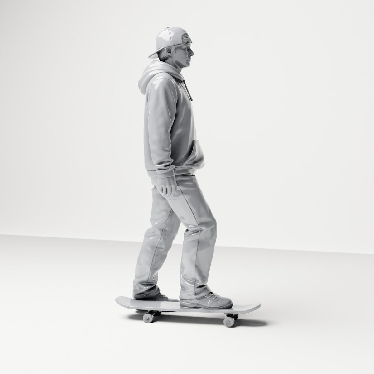 Foto de producto de maqueta de diorama 3: Figura de pie: skater con gorra, sudadera con capucha y monopatín (B054)