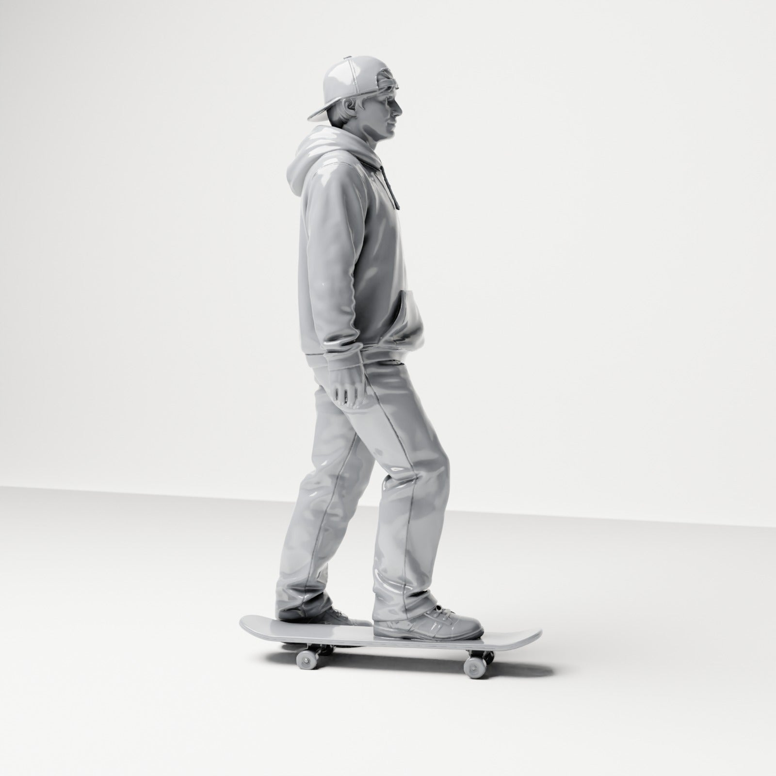 Foto de producto de maqueta de diorama 3: Figura de pie: skater con gorra, sudadera con capucha y monopatín (B054)
