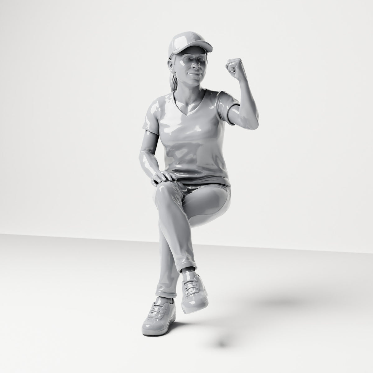 Foto de producto de maqueta para diorama 0: Figura sentada: espectadora con las piernas cruzadas y el puño levantado (B057)