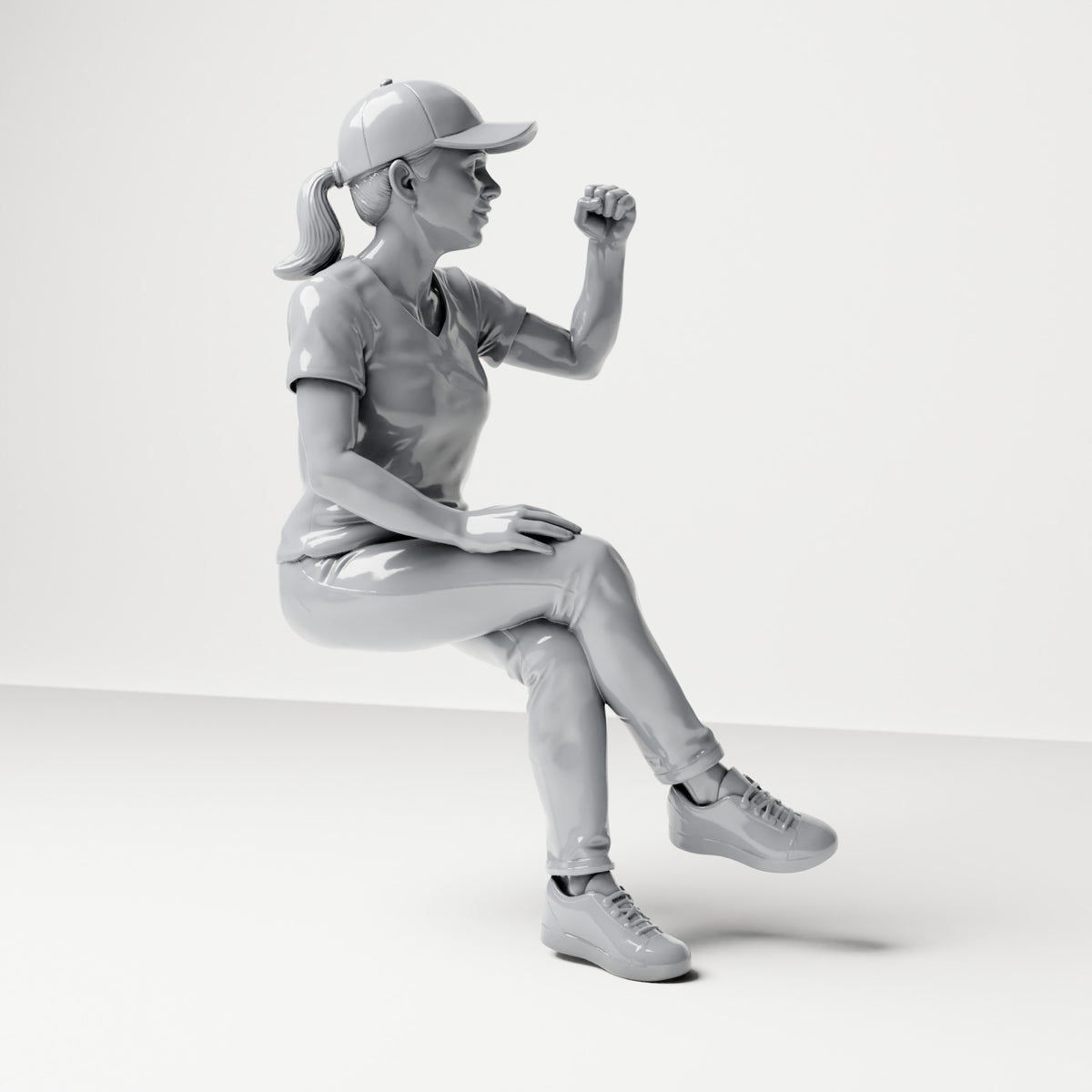 Foto de producto de maqueta para diorama 3: Figura sentada: espectadora con las piernas cruzadas y el puño levantado (B057)