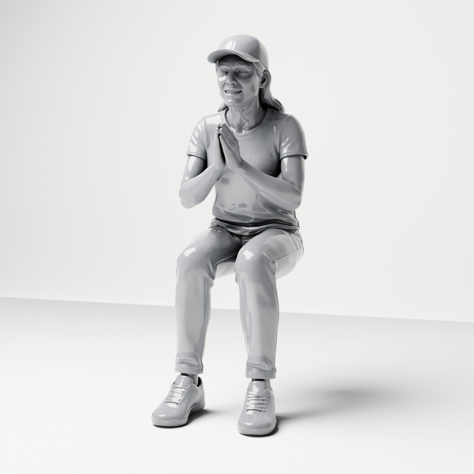 Foto de producto de maqueta para diorama 0: Figura sentada: espectadora con las manos juntas frente al pecho (B058)
