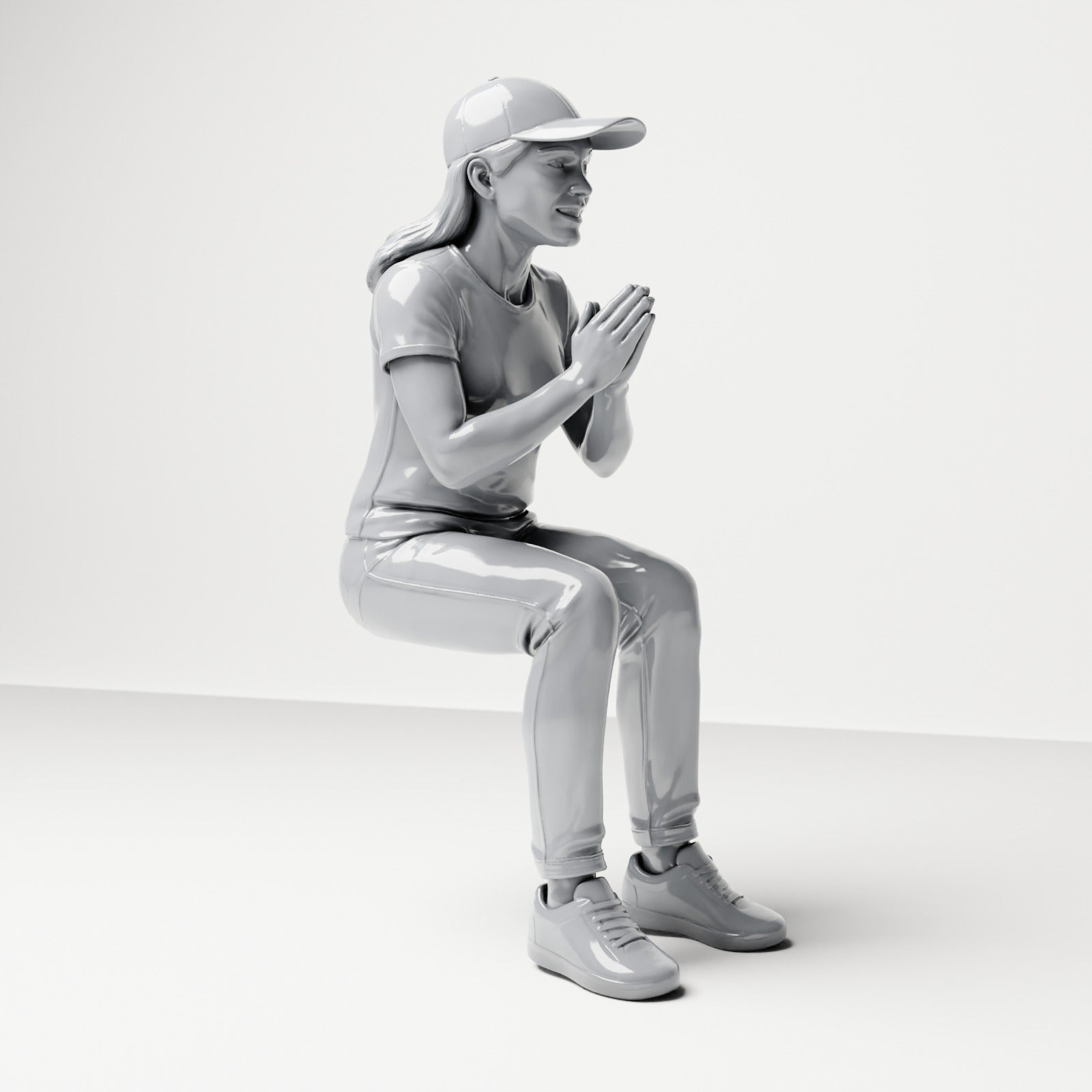 Foto de producto para maqueta de diorama 3: Figura sentada: espectadora con las manos juntas delante del pecho (B058)