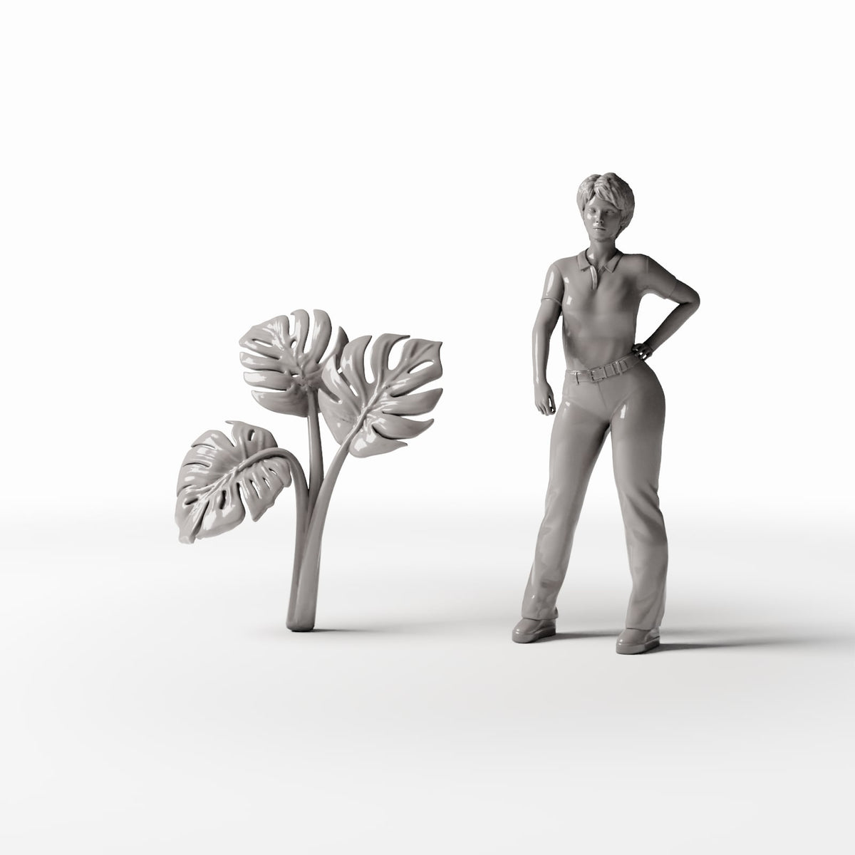 Set 05: planta en miniatura Ref. 481D con figura humana como referencia de escala (Monstera)