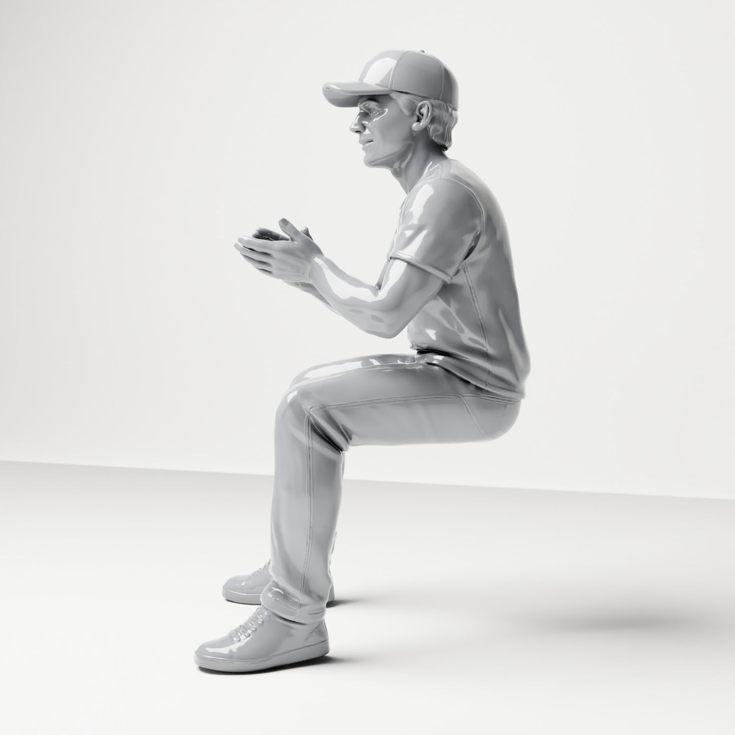 Foto de producto de maqueta para diorama 1: Figura sentada: espectador masculino con gorra y las manos juntas (B068)