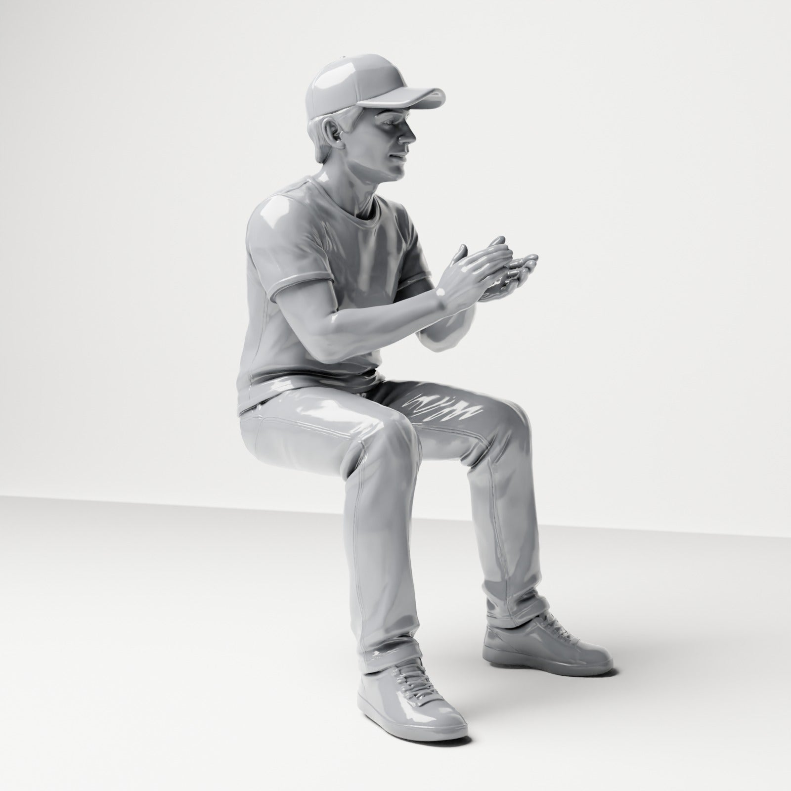 Foto de producto de maqueta para diorama 3: Figura sentada: espectador masculino con gorra y las manos juntas (B068)