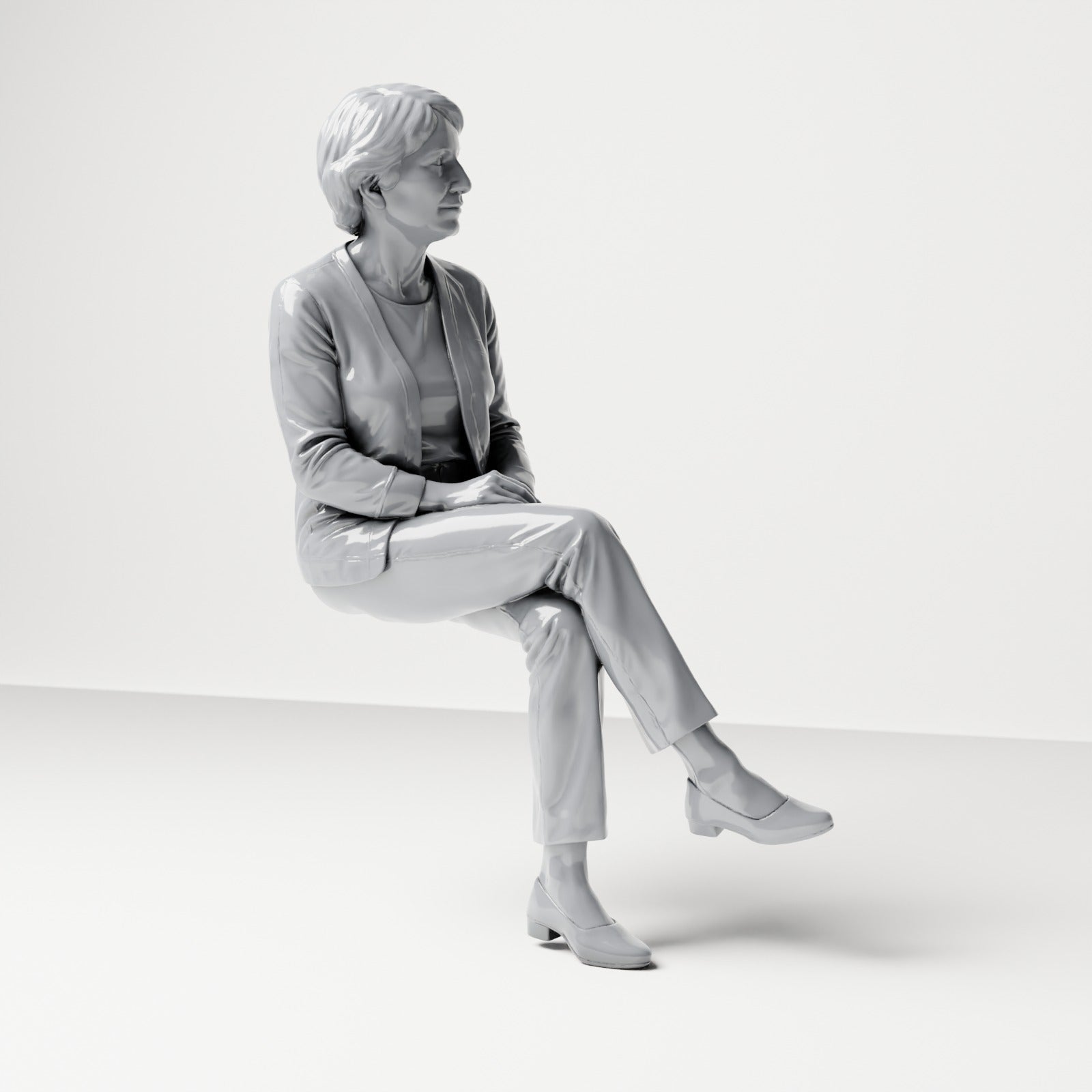 Foto de producto de maqueta para diorama 3: Figura sentada: espectadora con las piernas cruzadas y las manos entrelazadas (B069)