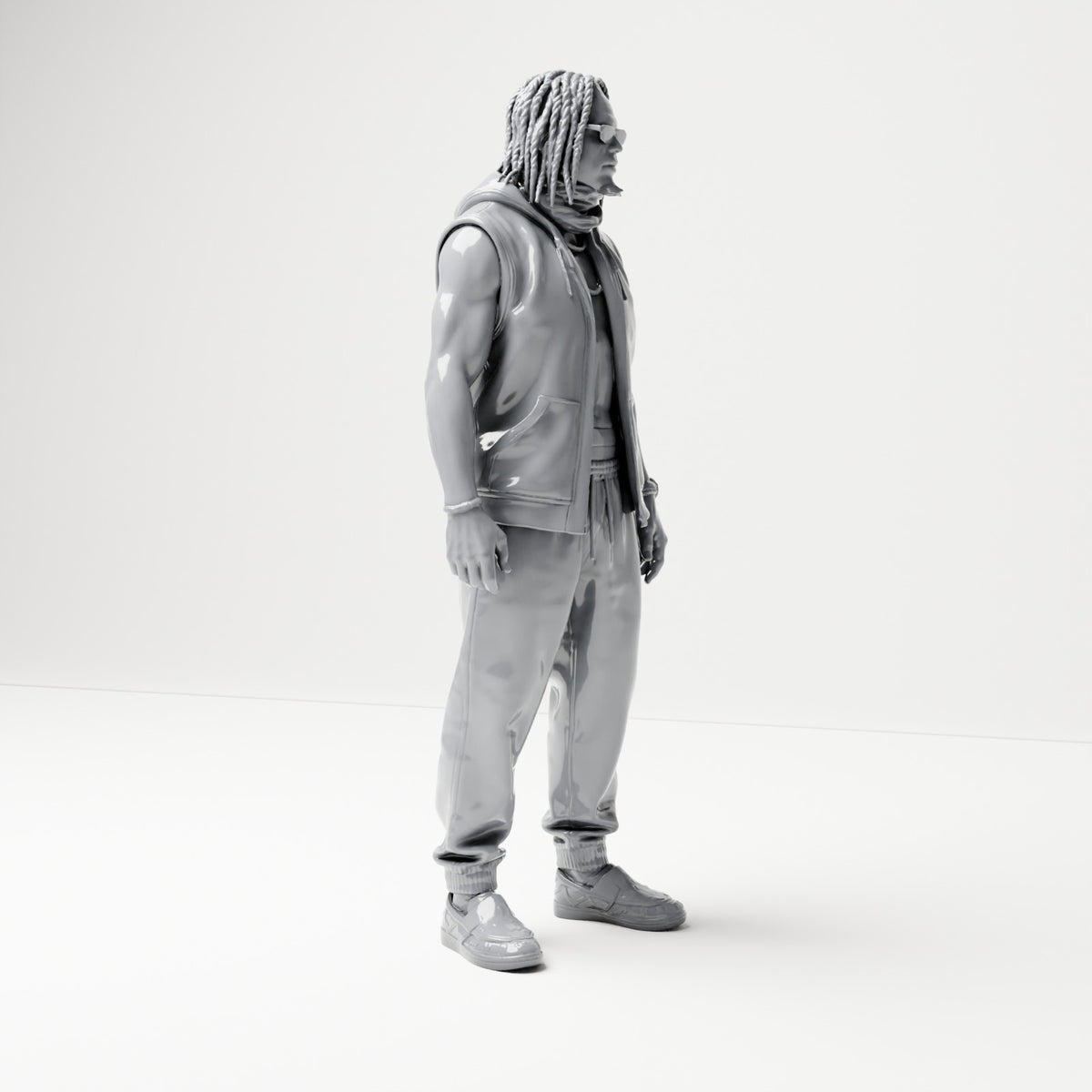 Diorama Modellbau Produktfoto 3: Stehende Figur: Mann mit Sonnenbrille, Zöpfen und ärmelloser Jacke (B074)