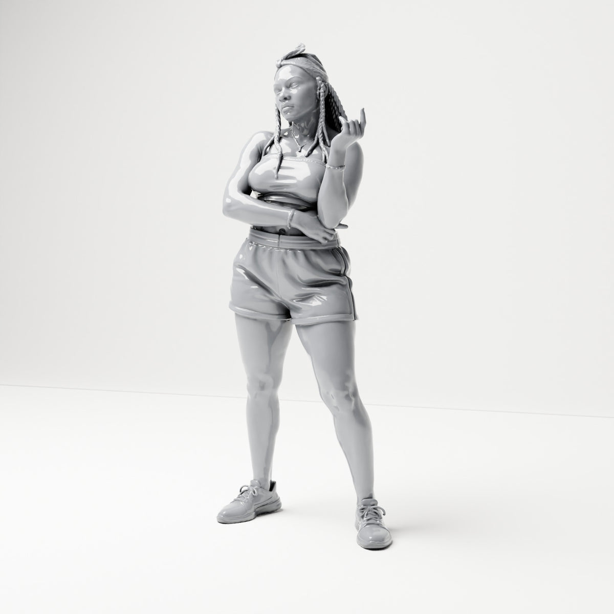 Diorama Modellbau Produktfoto 0: Stehende Figur: Frau mit Zöpfen, kurzem Oberteil, Shorts & Turnschuhen (B075)