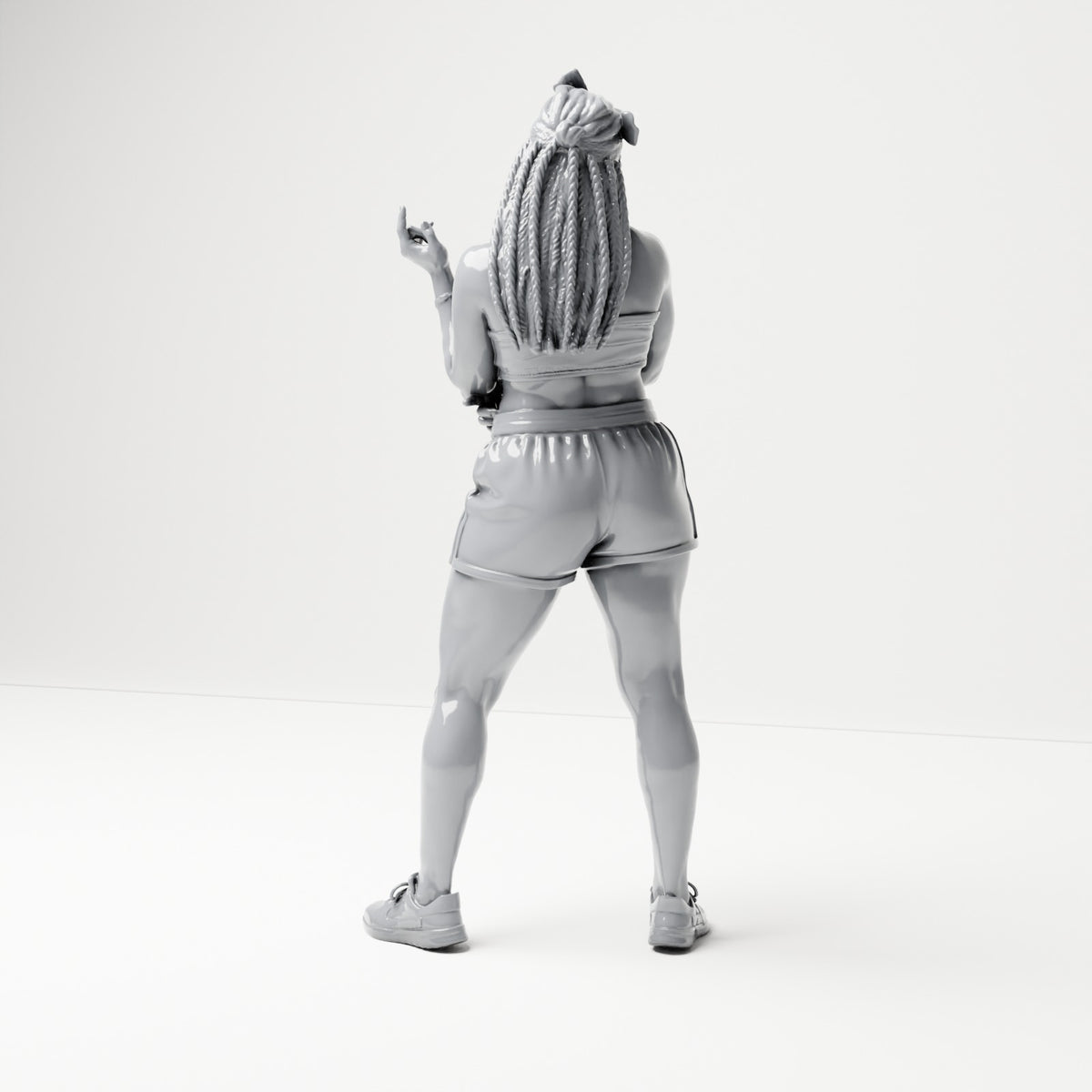 Diorama Modellbau Produktfoto 2: Stehende Figur: Frau mit Zöpfen, kurzem Oberteil, Shorts & Turnschuhen (B075)