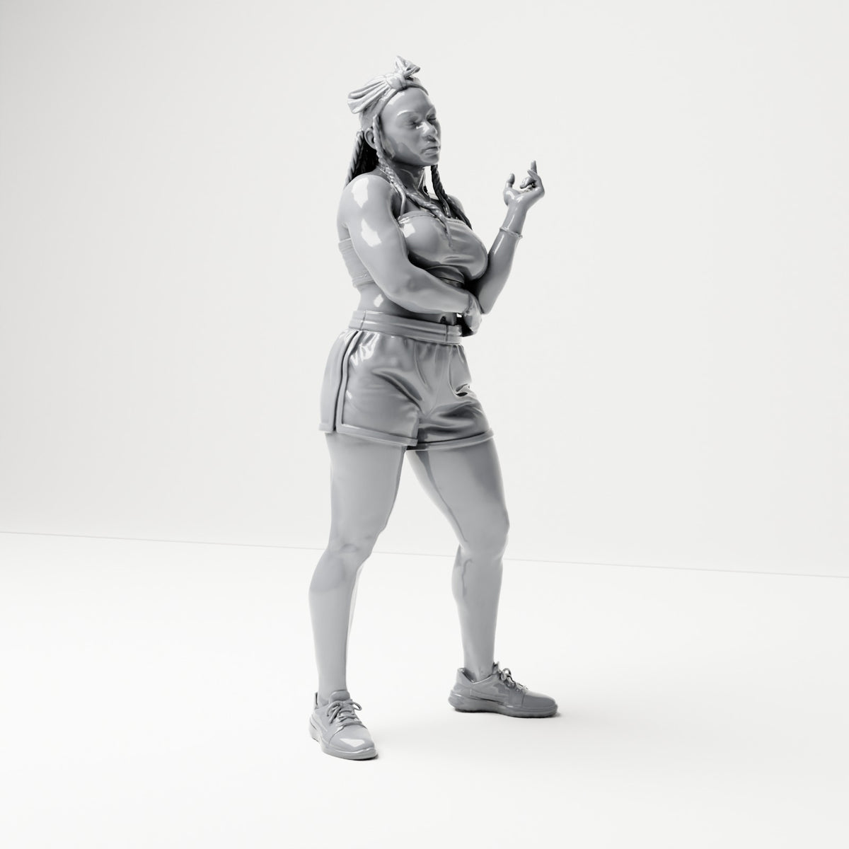 Diorama Modellbau Produktfoto 3: Stehende Figur: Frau mit Zöpfen, kurzem Oberteil, Shorts & Turnschuhen (B075)