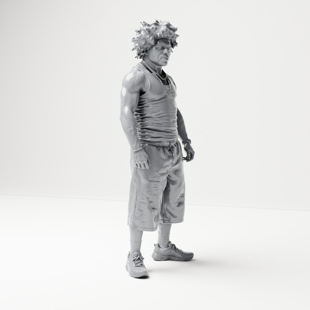 Diorama Modellbau Produktfoto 3: Stehende Figur: Mann mit ärmellosem Oberteil, langen Shorts und Turnschuhen (B076)