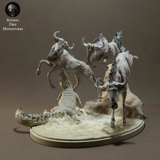 Produktfoto Tier Figur Diorama, Modellbau: 0: Savannen Tier Figur: Gnu beim Flussüberquerung mit Nilkrokodil (Ref 01_01_41)