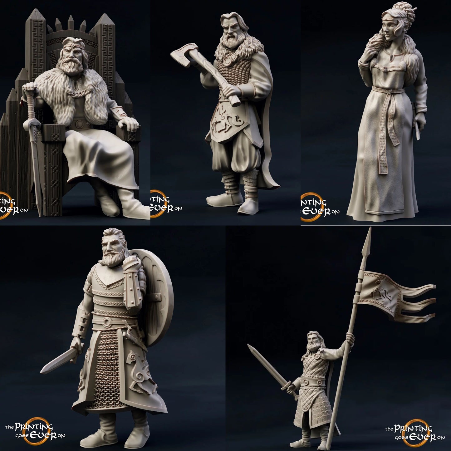 Foto del producto Tabletop 28mm The Printing Goes Ever On (TPGEO) 0: Familia Real de la Marca: Nobleza medieval - Rey con trono, Princesa, Portador de estandarte y Guardia