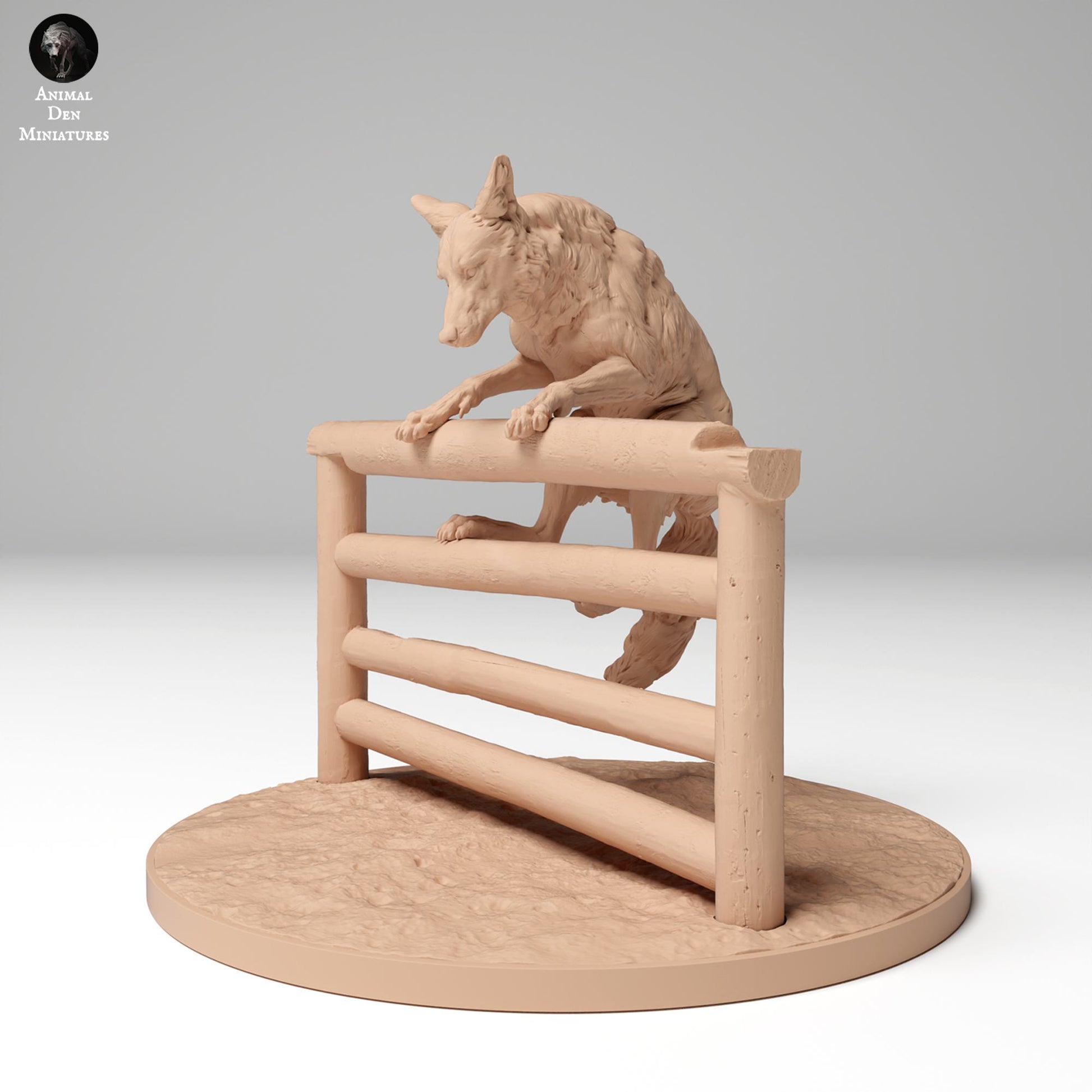 Produktfoto Tier Figur Diorama, Modellbau: 0: Wildtier Figur: springender Kojote über Zaun (Ref 24_11_07)