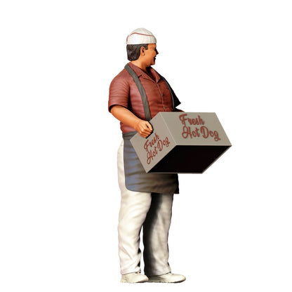 Foto del producto de modelismo de diorama 0: Vendedor de comida rápida con caja de hotdogs - Figura con delantal y gorra (Ref. Nr. 410)