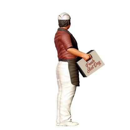 Foto del producto de modelismo de diorama 0: Vendedor de comida rápida con caja de hotdogs - Figura con delantal y gorra (Ref. Nr. 410)
